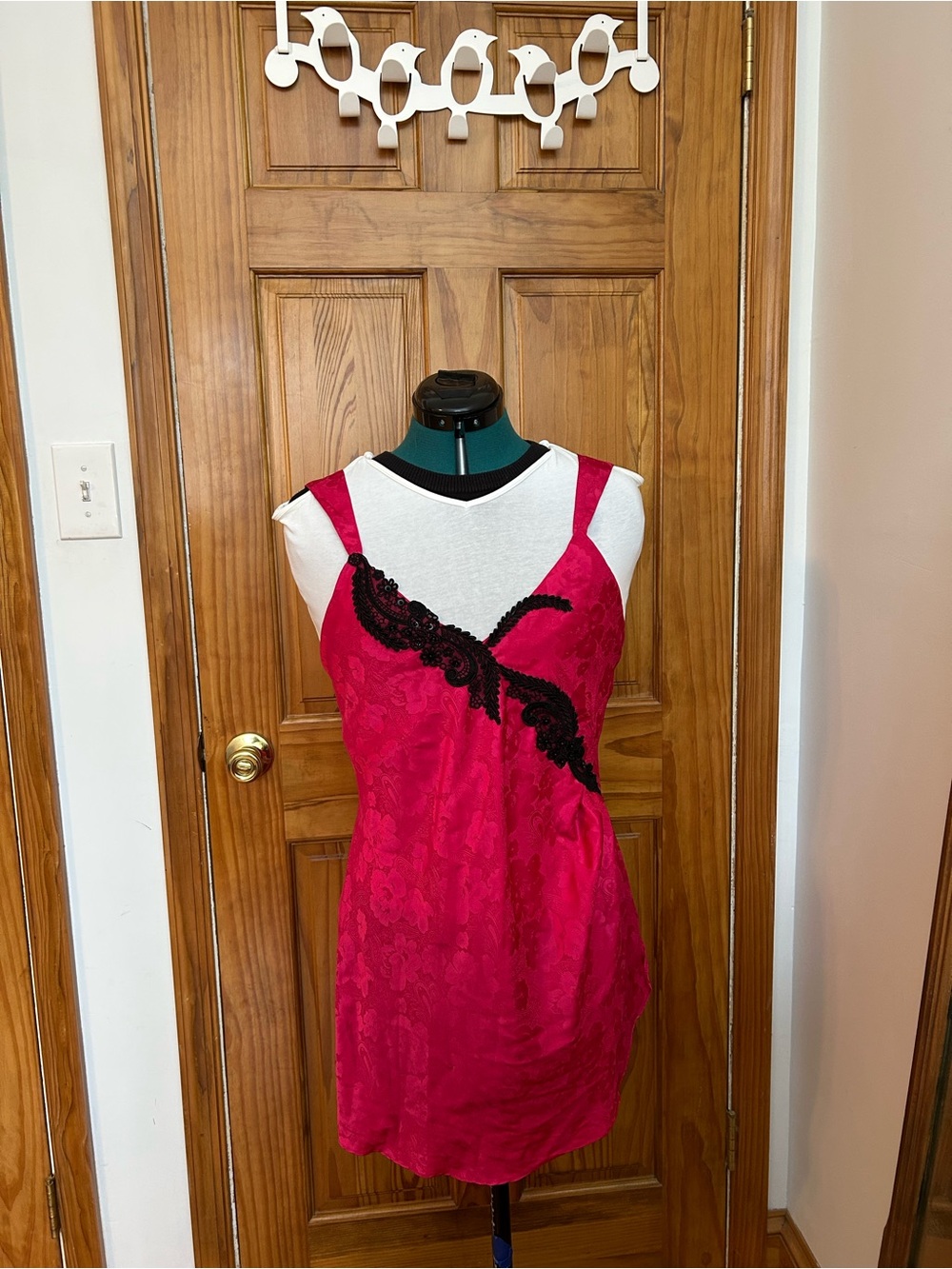 Vintage Gold Label Victoria's Secret Hot Pink Slip with Black Lace Accent